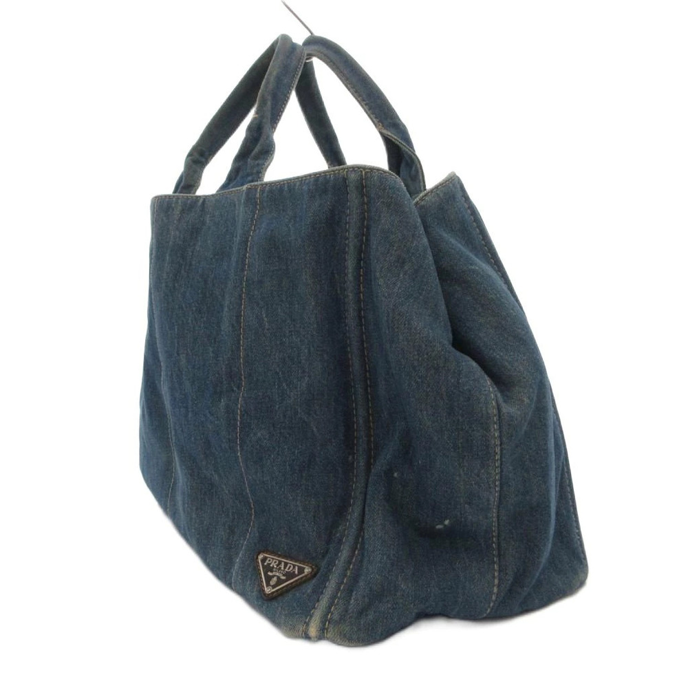 Prada Canapa Handbag Denim Tote Triangle Plate Indigo Blue FF - Picture 3 of 9